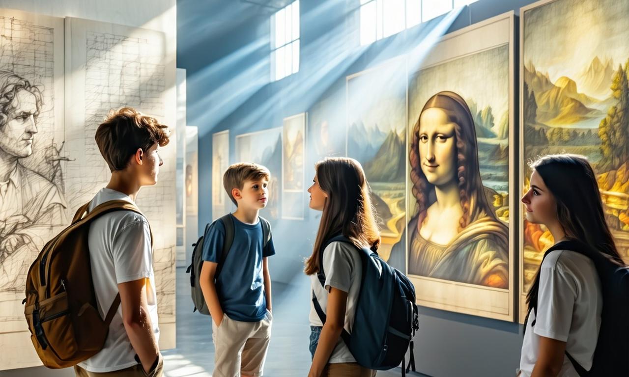 Students examining renaissance sketches in a sunlit gallery